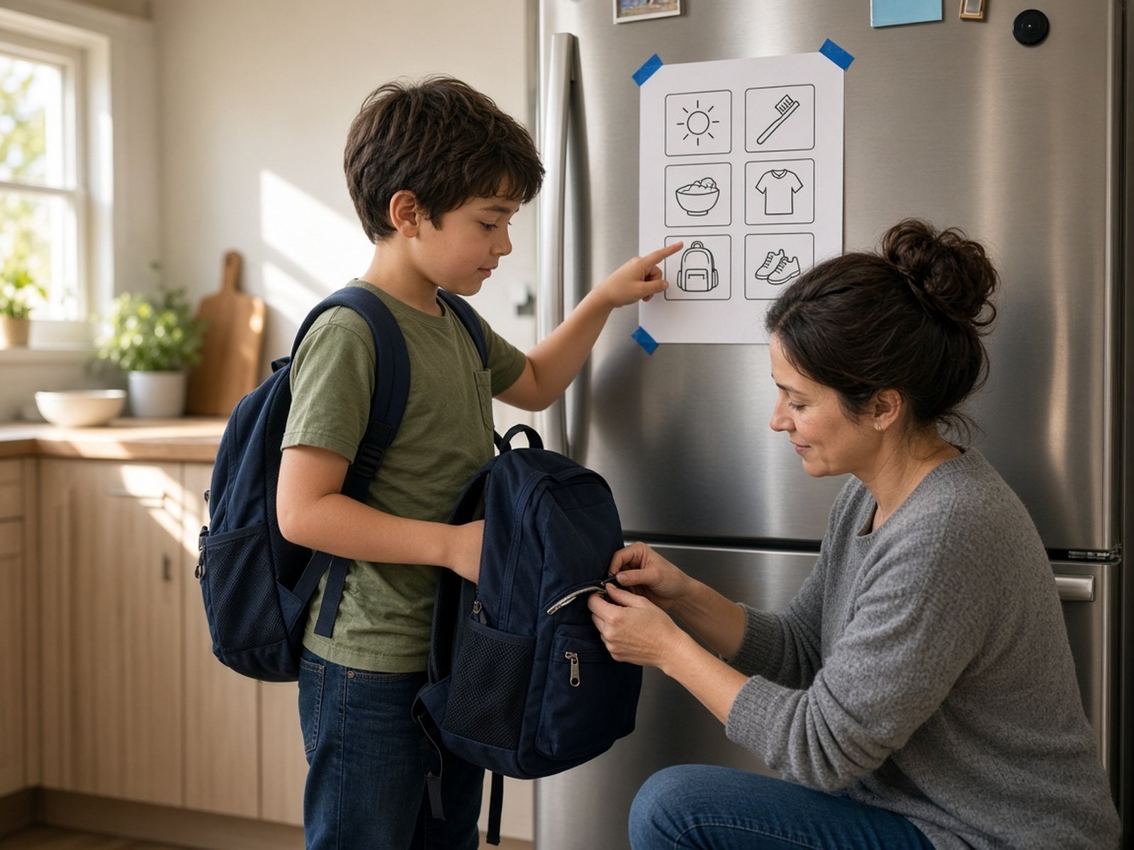 A boy checks a picture checklist of his morning routine on the fridge while his mother helps him zip his backpack