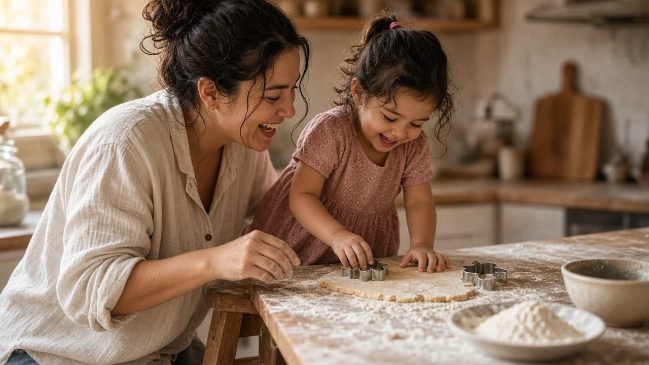 A mother and her preschooler bake cookies