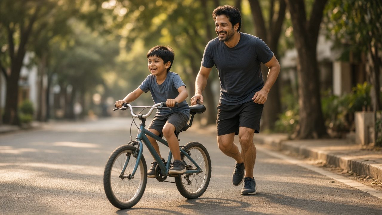 A father runs behind his son as he rides a bike alone