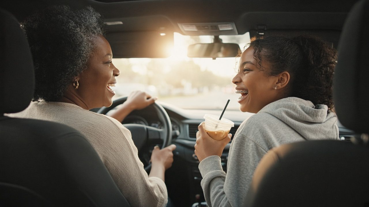 A mother and teenage daughter laugh on a car ride