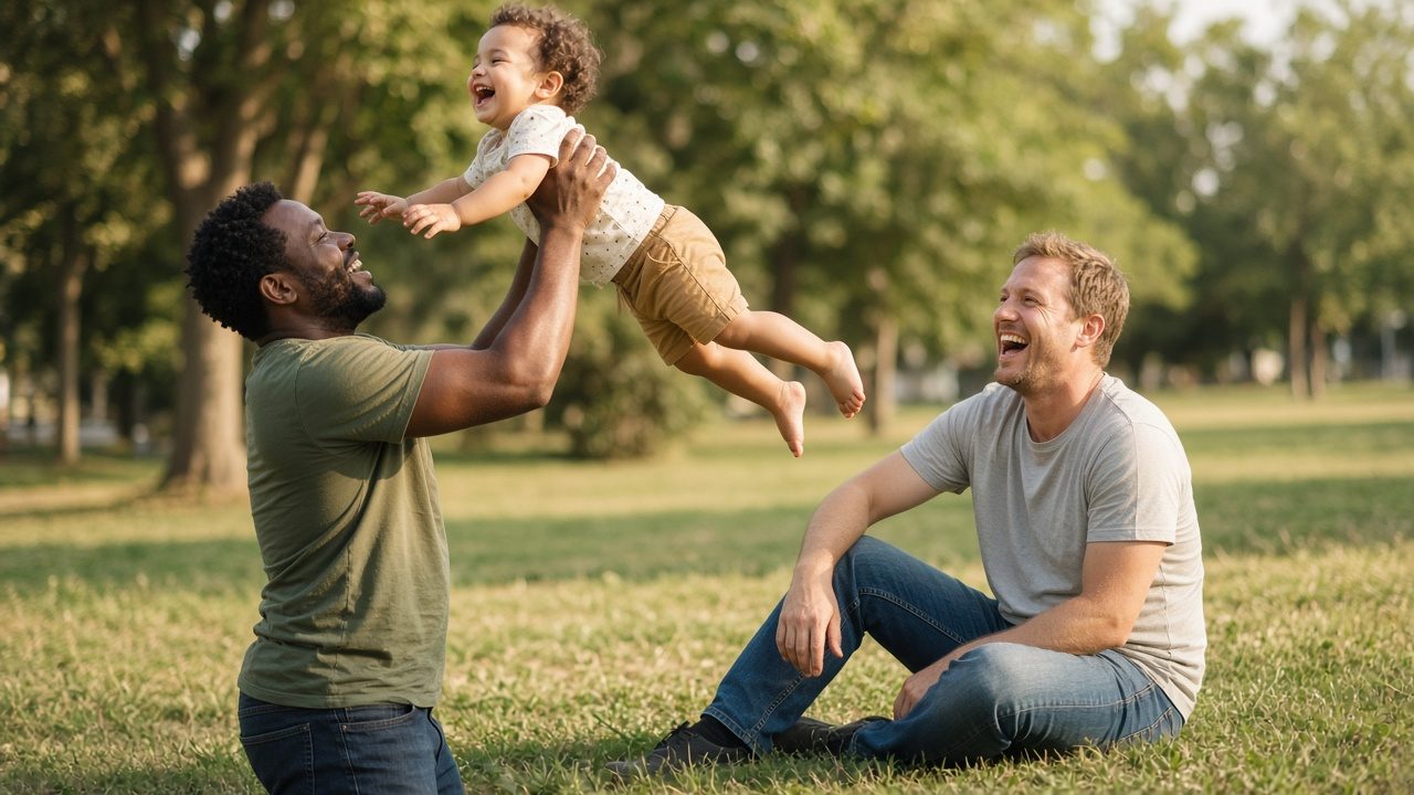 Two dads play with their toddler son in the park