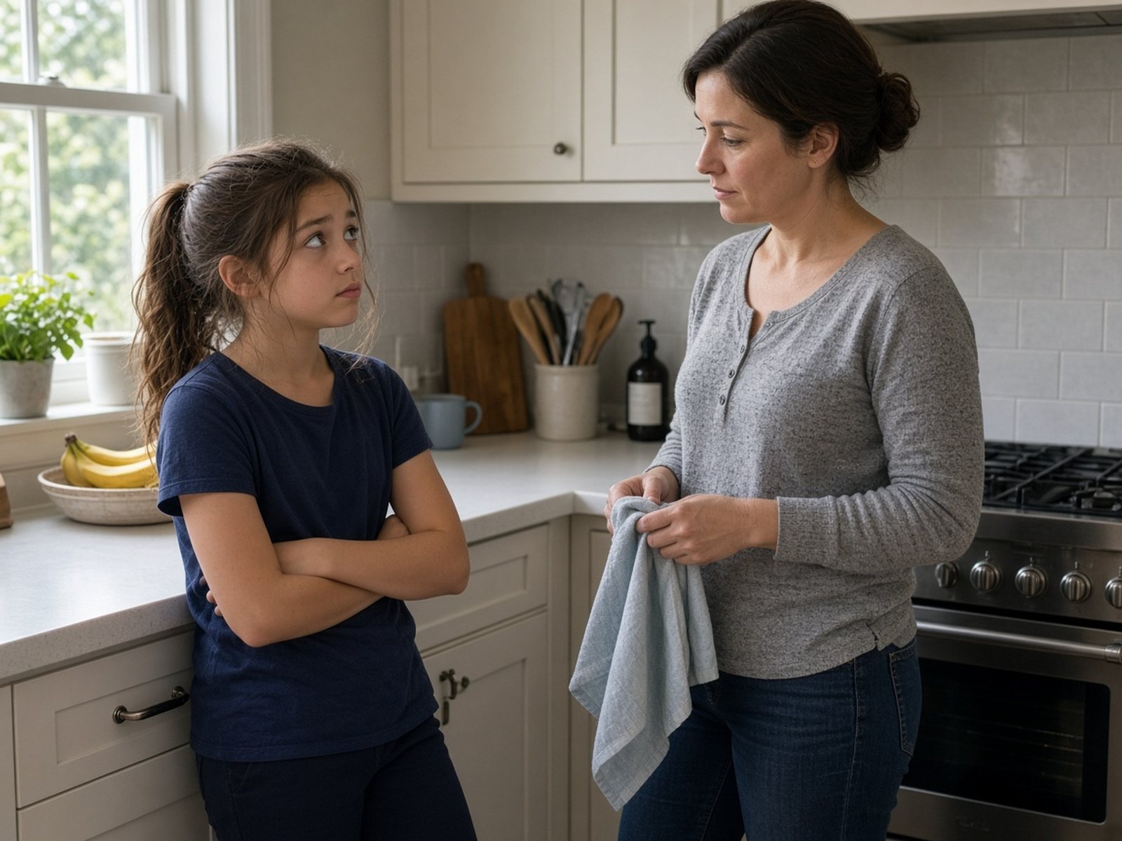 A preteen girl crosses her arms and rolls her eyes in the kitchen while her mother, holding a dish towel, listens calmly