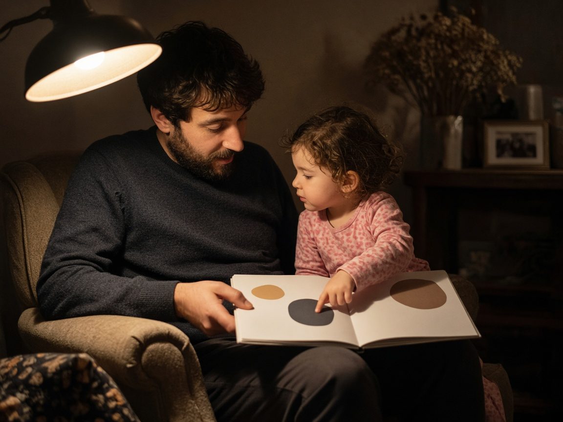 A father reads a picture book with his toddler daughter under a lamp
