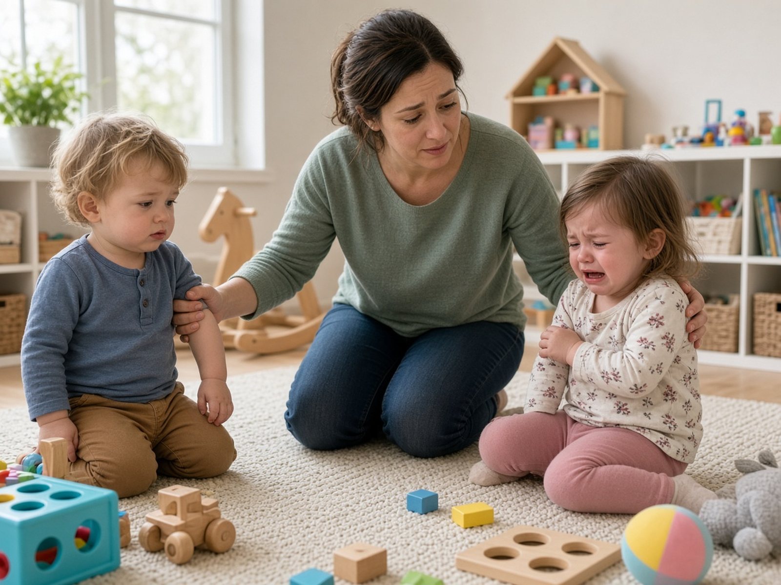 A mother kneels between two toddlers in a playroom, gently holding one child's wrist while comforting the other