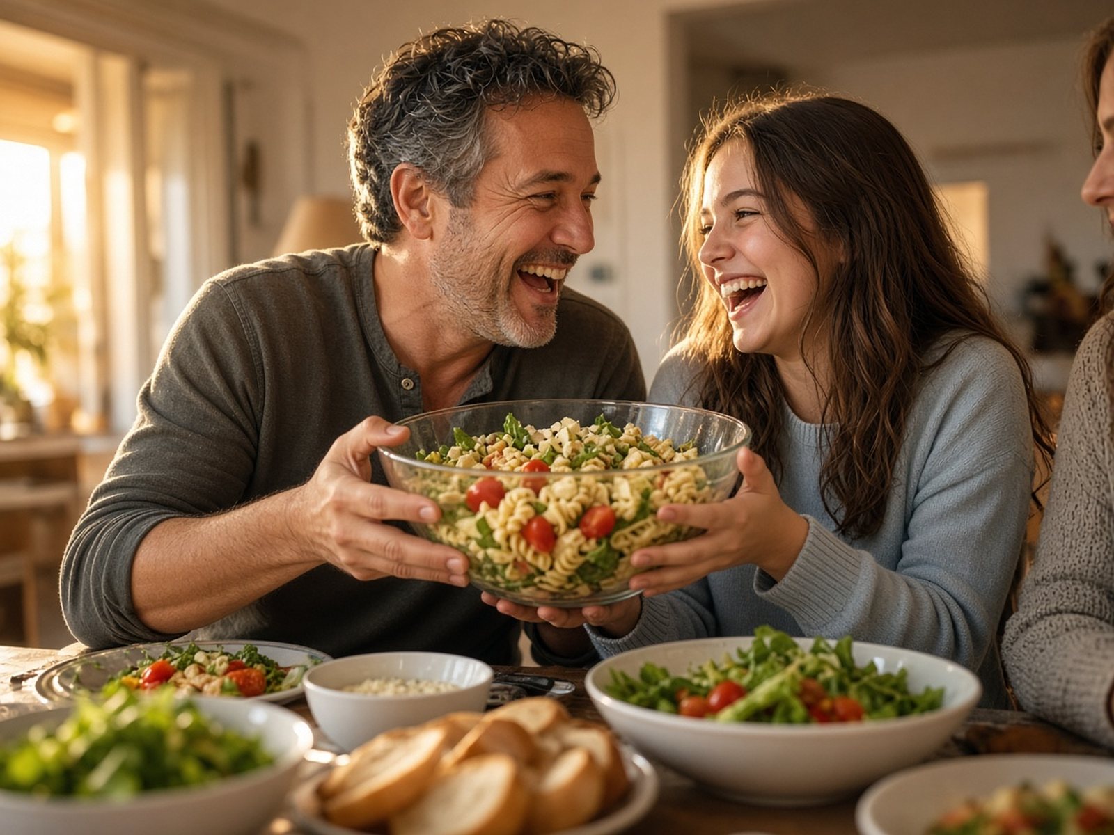 A father and his teenage daughter laugh as they pass a bowl at the family dinner table