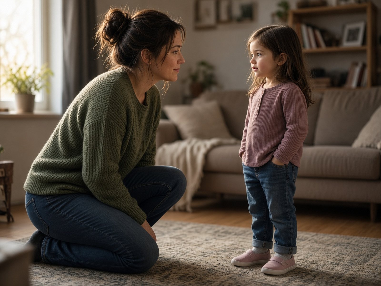 A mother kneels on the living room rug at eye level with her preschool daughter, the two of them talking face to face