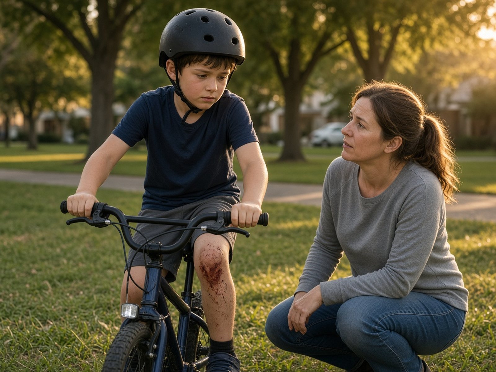 A boy in a bike helmet with a scraped knee sits back on his bicycle while his mother crouches beside him