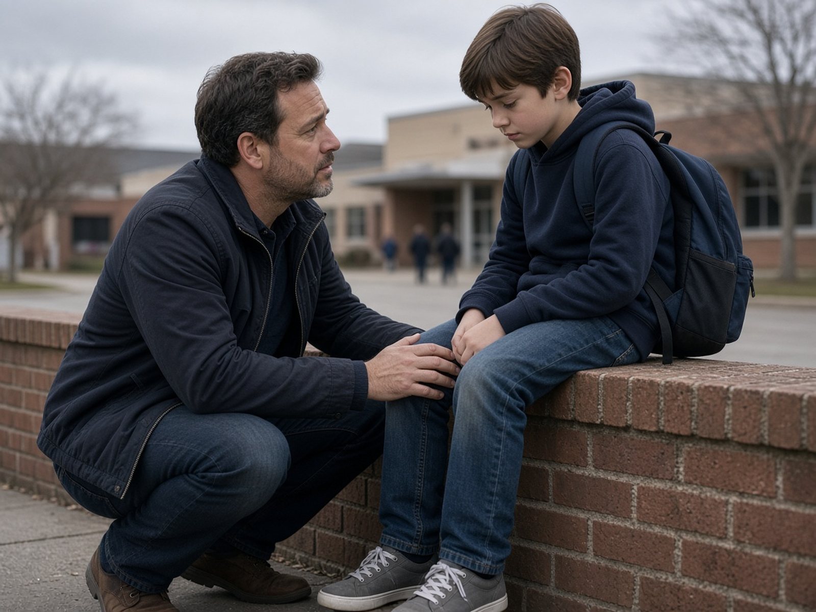 A father crouches beside his son outside school to talk after a hard day