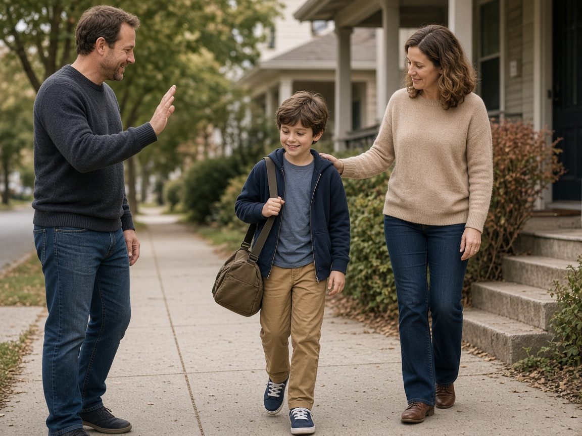 Separated parents calmly hand over their son on the sidewalk