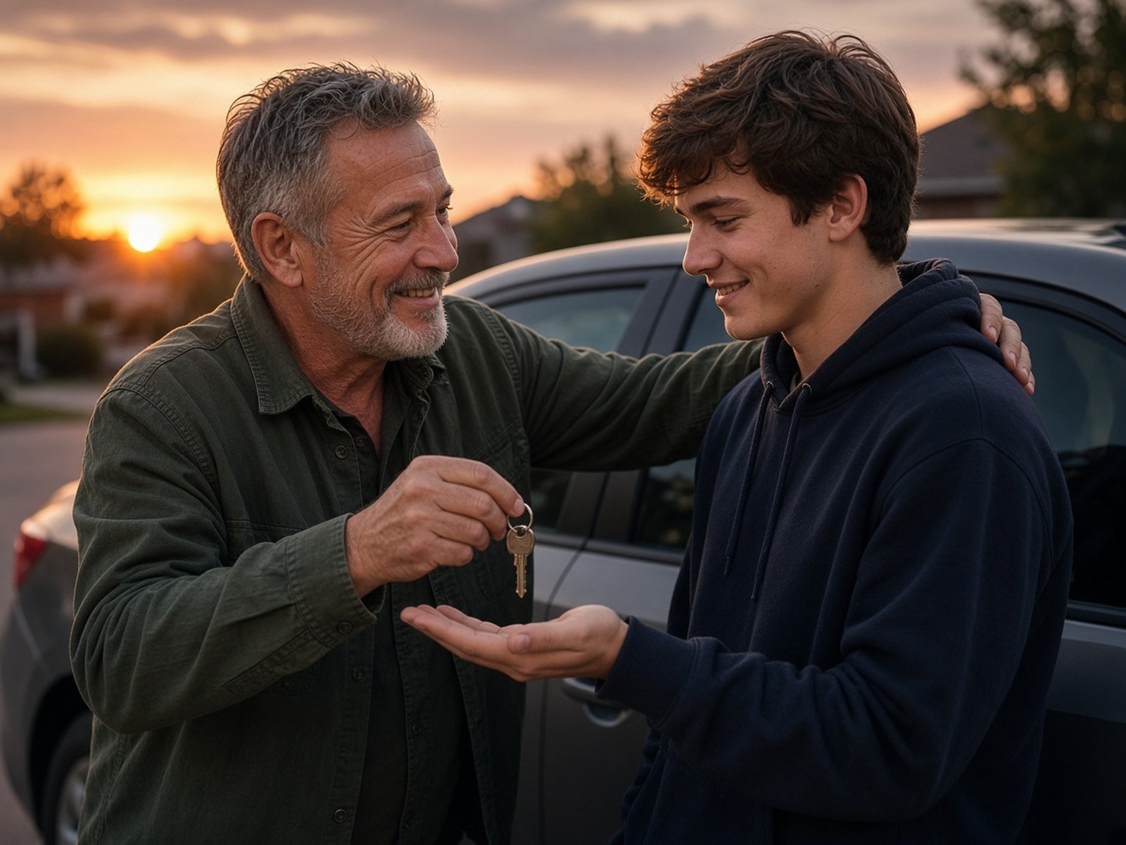 A father hands his teenage son the car keys in the driveway at sunset