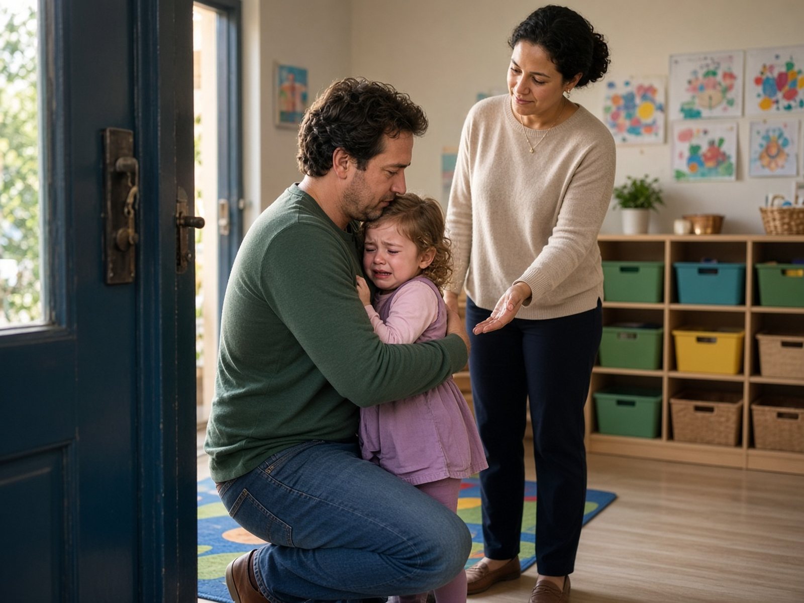 A father kneels at a preschool doorway to hug his crying daughter goodbye while a teacher waits nearby
