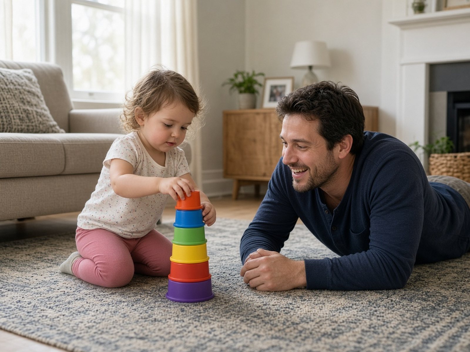 A toddler stacks colorful cups on the living-room floor while her father watches and cheers her on