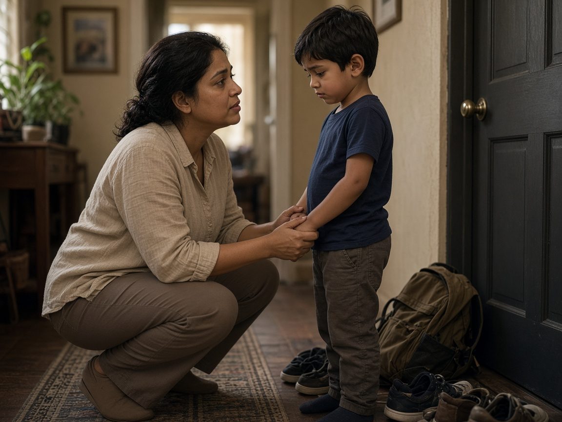 A mother crouches by the front door, holding her young son's hands as she sets a limit