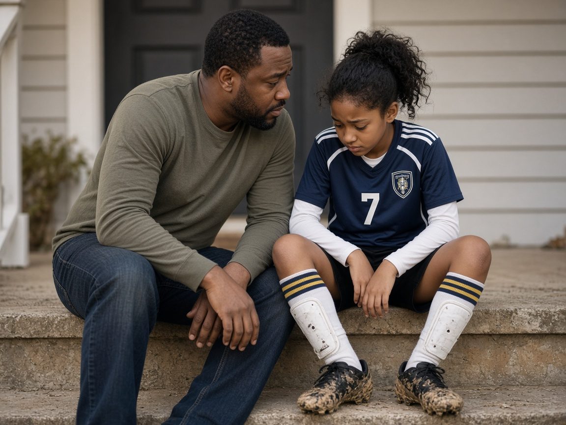 A father sits on the porch step beside his disappointed daughter in her soccer kit