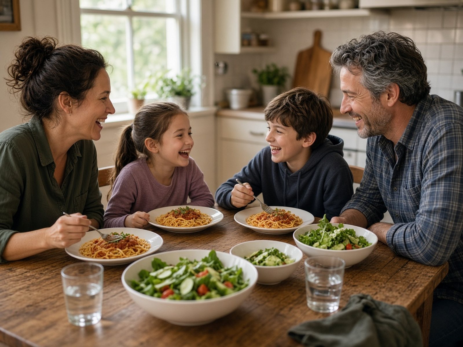A family of four laughs together over plates of spaghetti and salad at a wooden kitchen table
