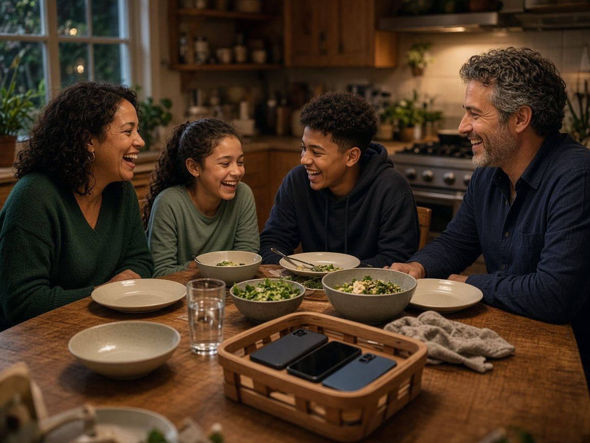 A family laughs at dinner with their phones in a basket on the table