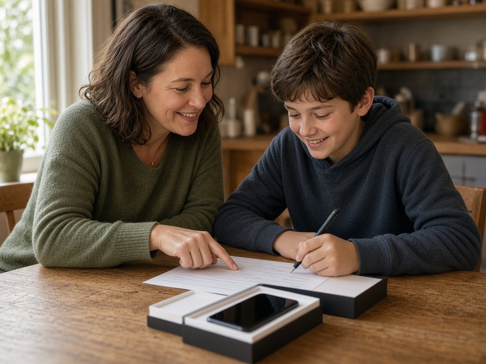 A mother points to a line on a family phone agreement as her son signs it beside a new phone box