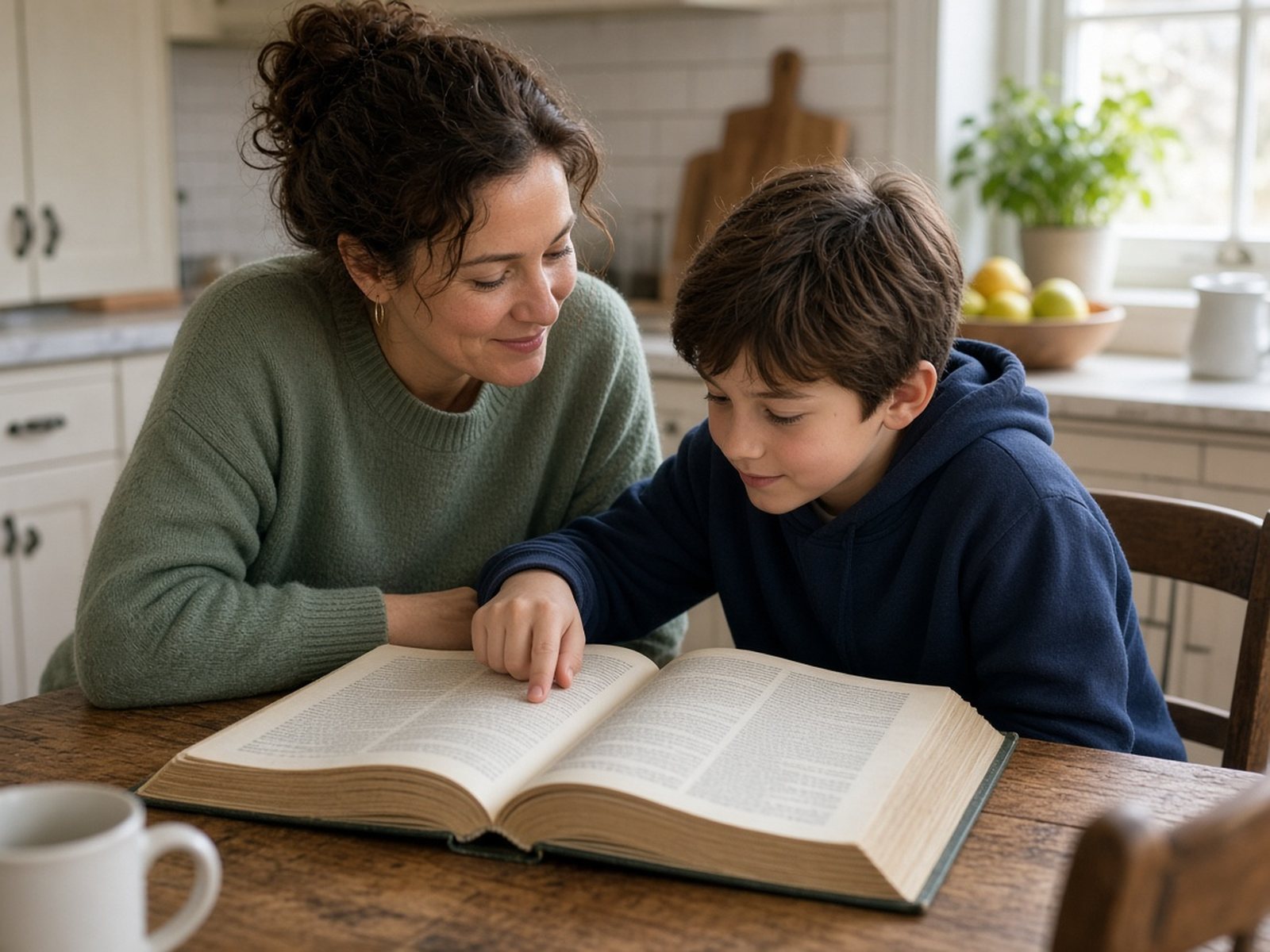 A mother and her son look up a word together in a big dictionary at the kitchen table