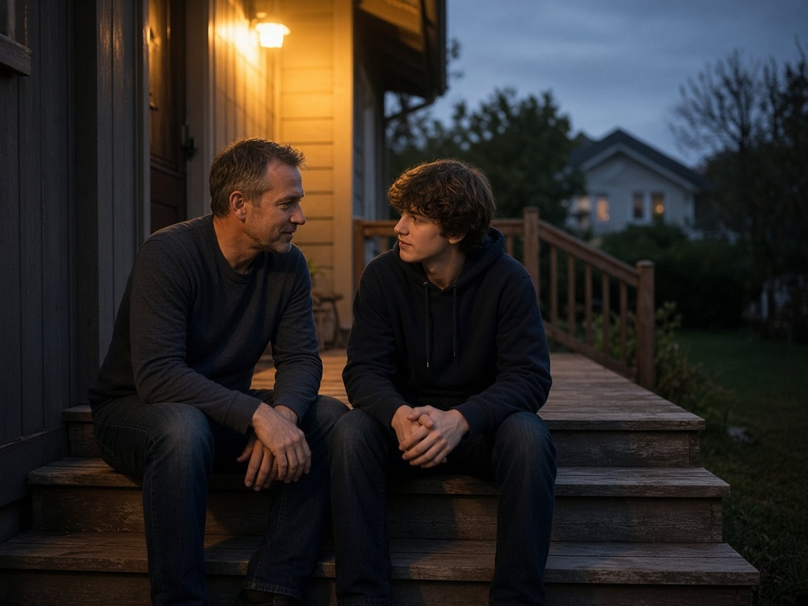 A father and his teenage son talk quietly on the back porch steps at dusk
