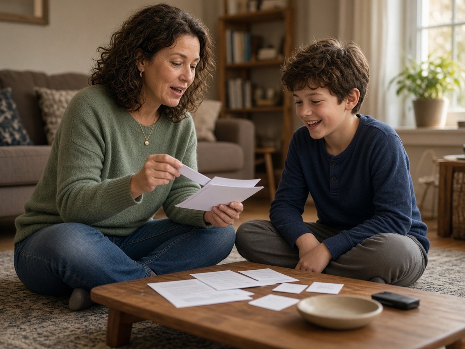 A mother reads a script card aloud to her son on the living-room rug