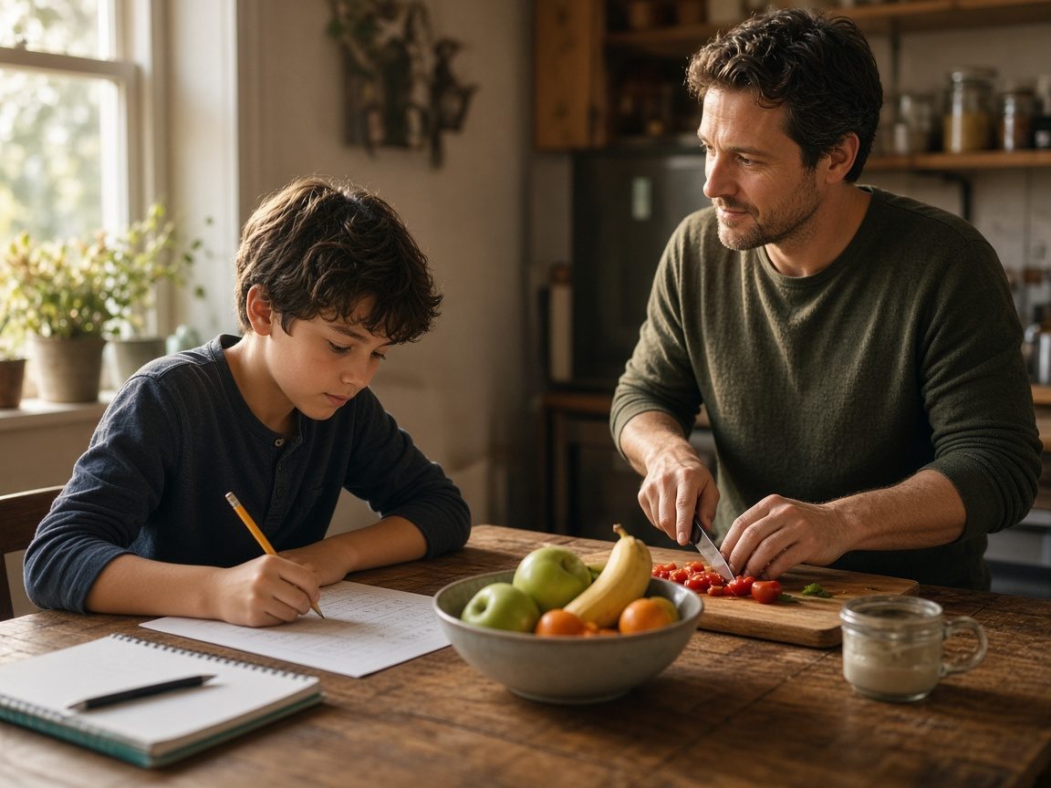 A boy does homework at the kitchen table while his father cooks nearby
