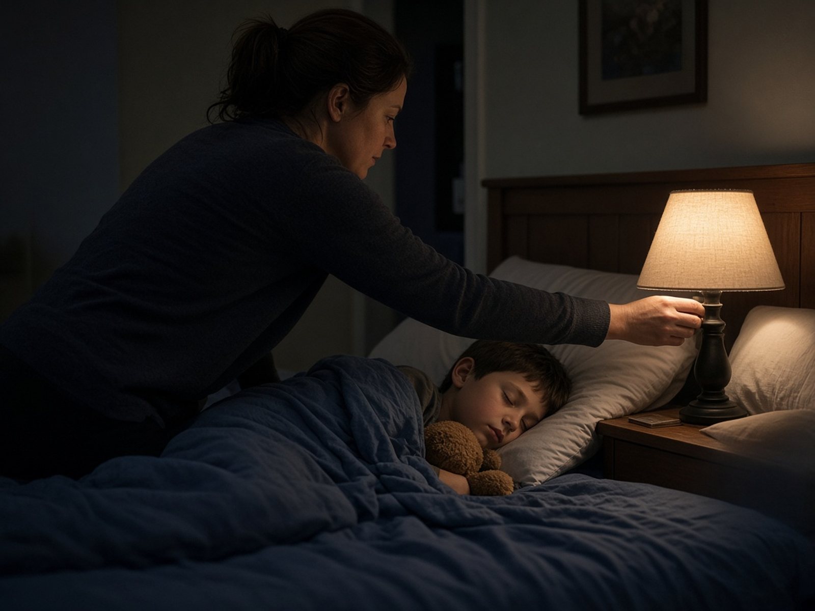 A mother turns off the bedside lamp as her school-age son, tucked in with a stuffed animal, drifts off to sleep