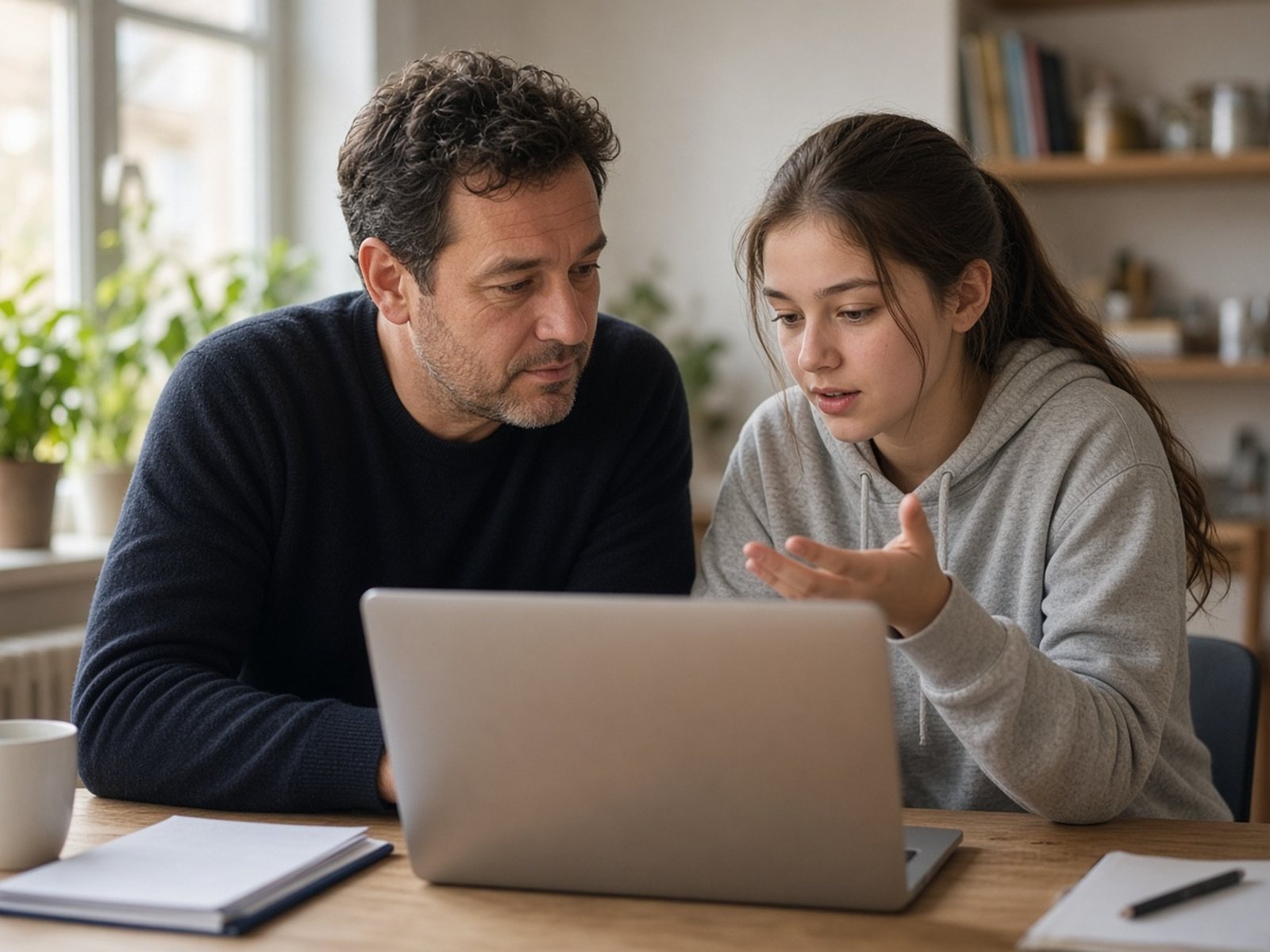 A father listens as his daughter explains something on a laptop at the kitchen table