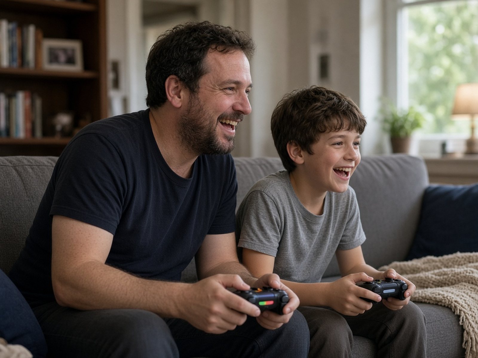A father and his son sit side by side on the couch laughing as they play a video game together