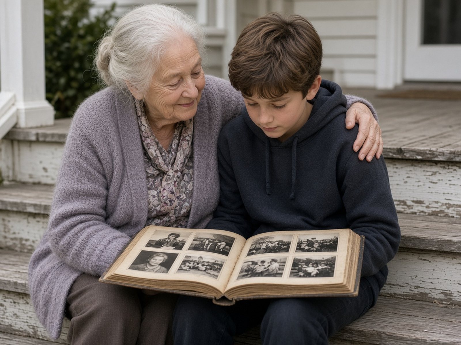 A grandmother and her grandson sit close together on porch steps looking through an old photo album