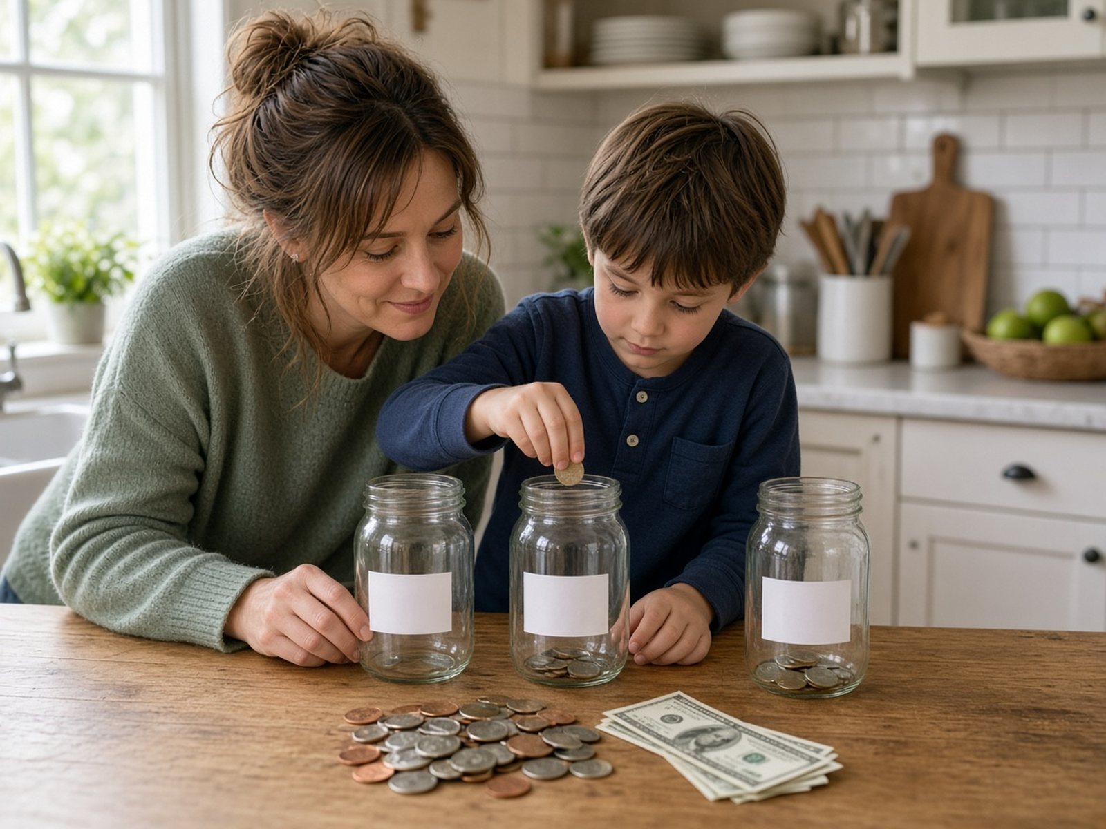 A mother and her school-age son count coins into three labeled glass jars on a kitchen counter