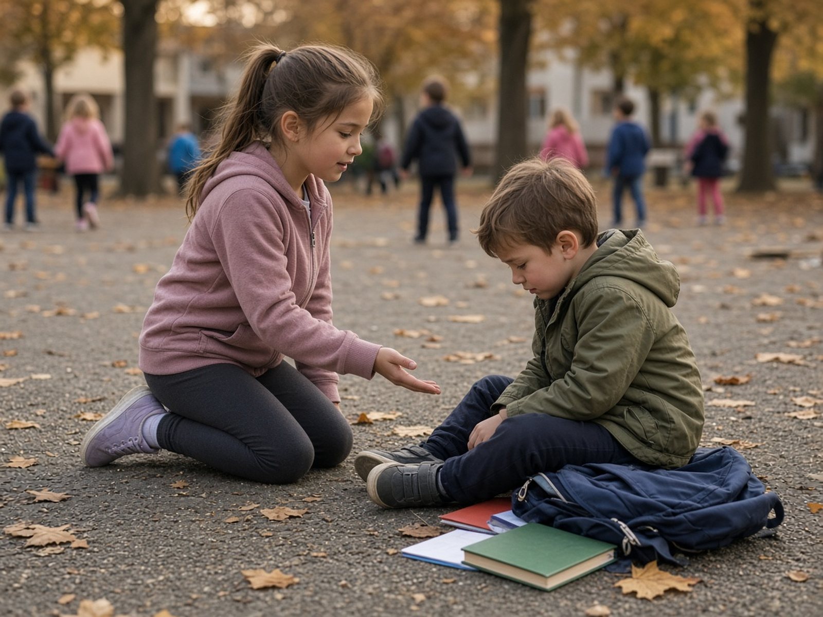 A girl kneels on a leaf-covered playground and reaches out to help a younger boy who dropped his backpack and books