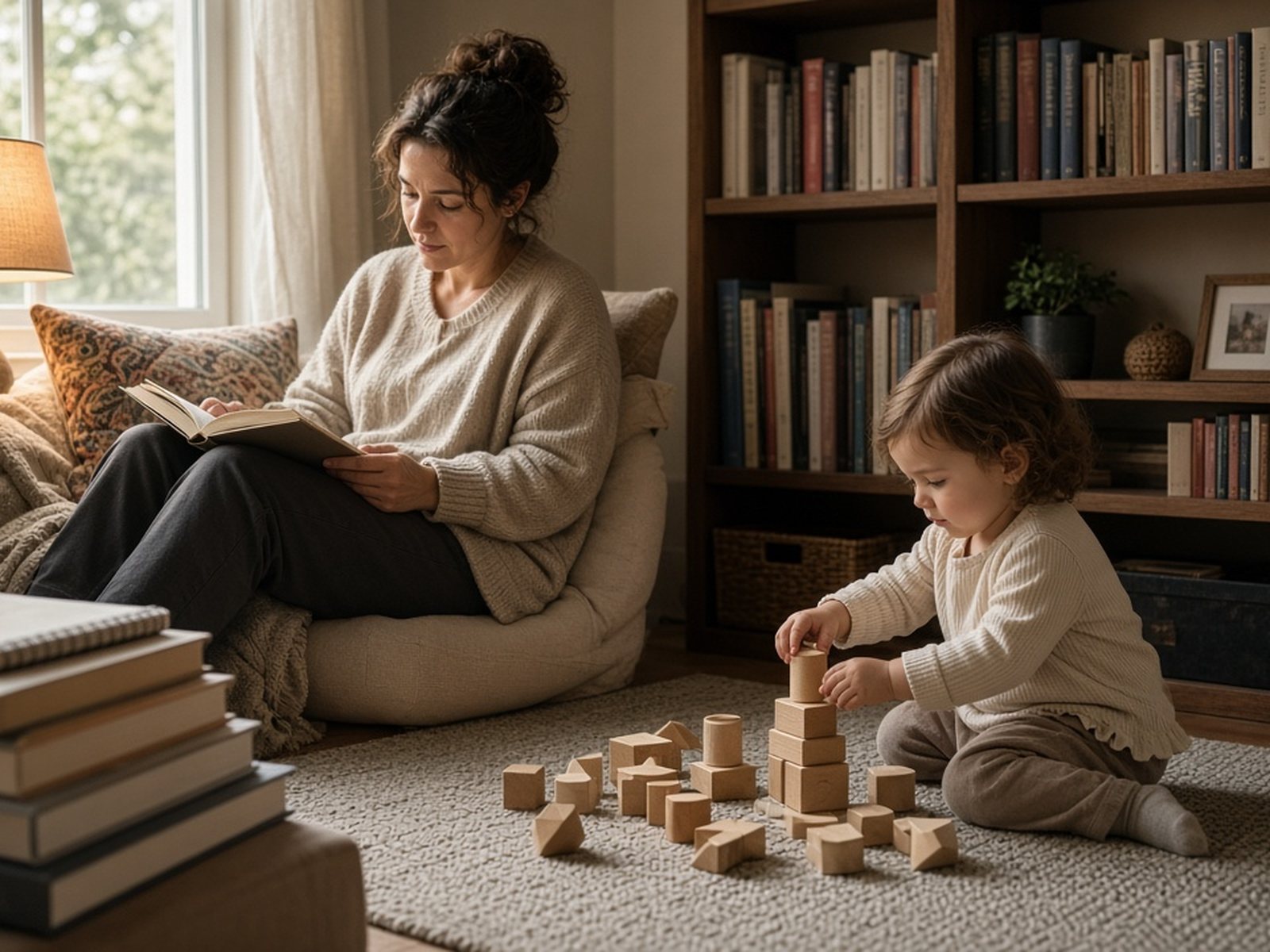 A mother reads in a home library nook while her toddler builds with wooden blocks