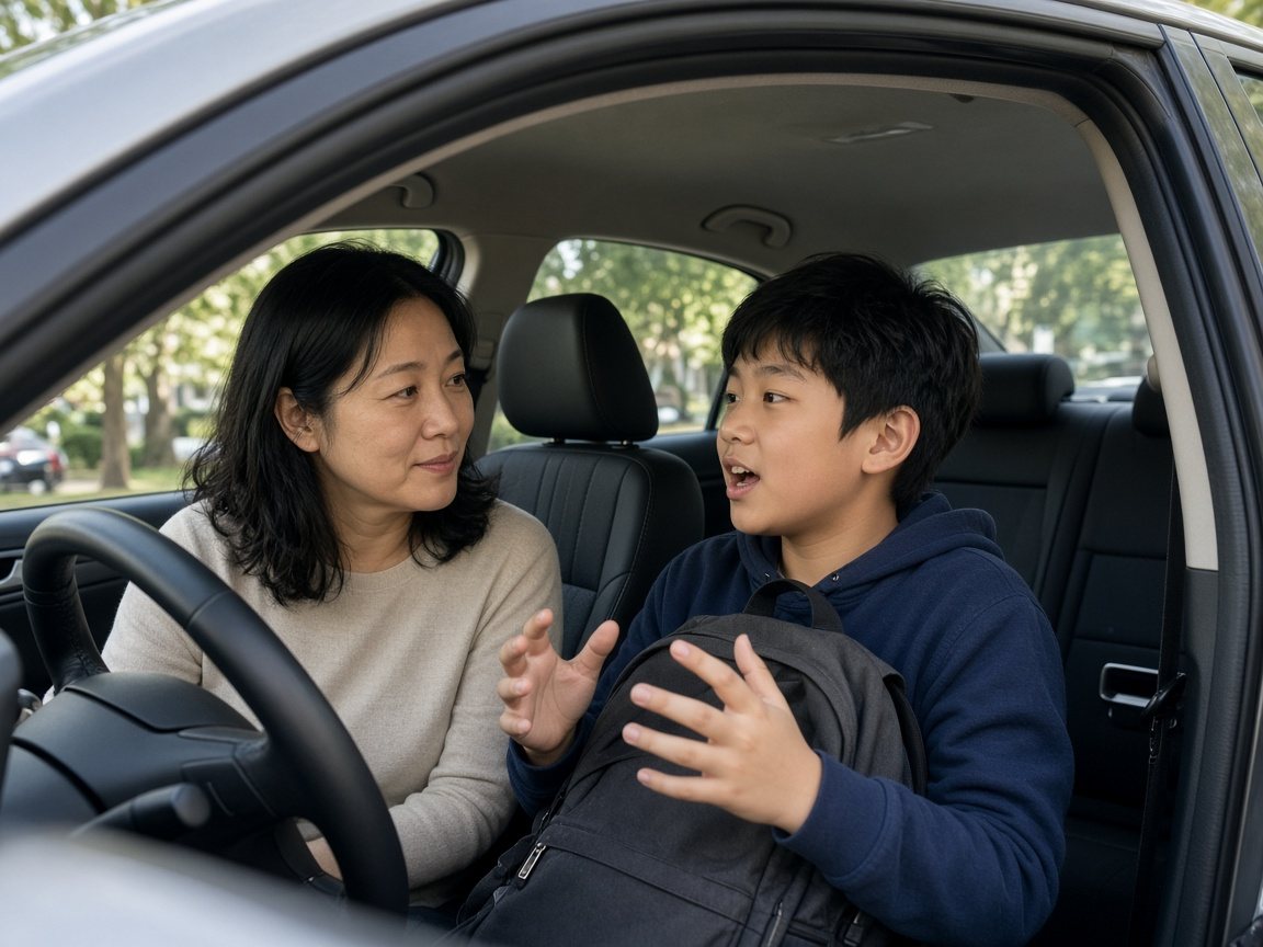 A mother listens in the car as her son tells her about his day
