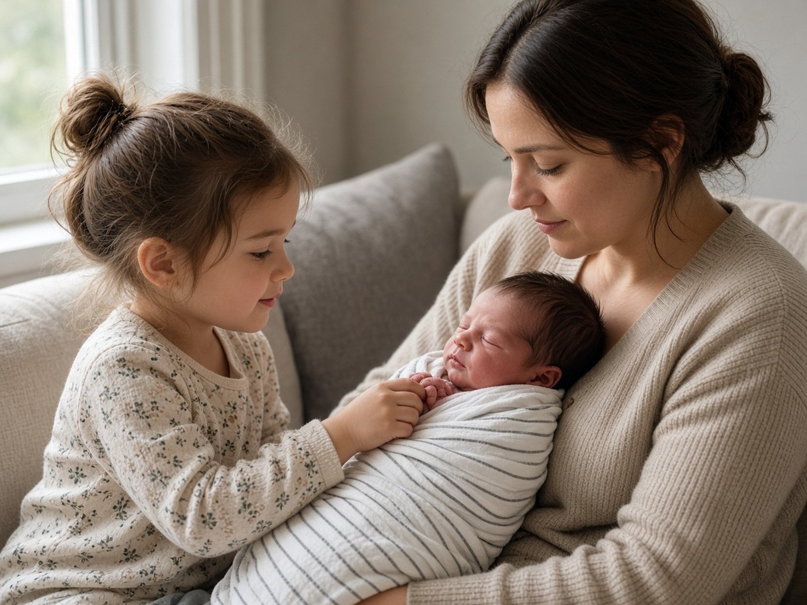 A preschool girl gently touches her newborn brother's hand as her mother holds the baby on the couch