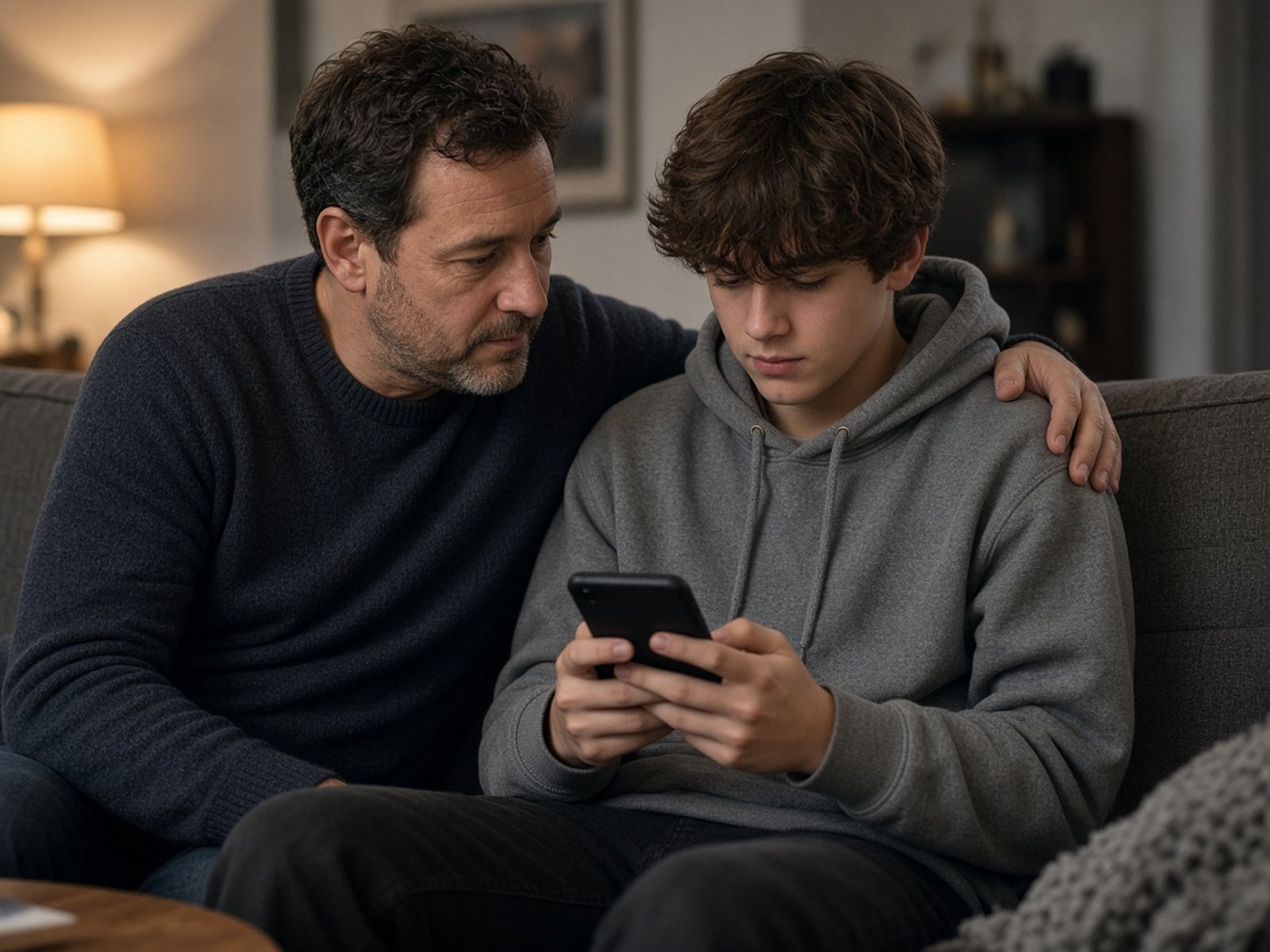 A father sits close with his arm around his teenage son as the boy shows him something on his phone