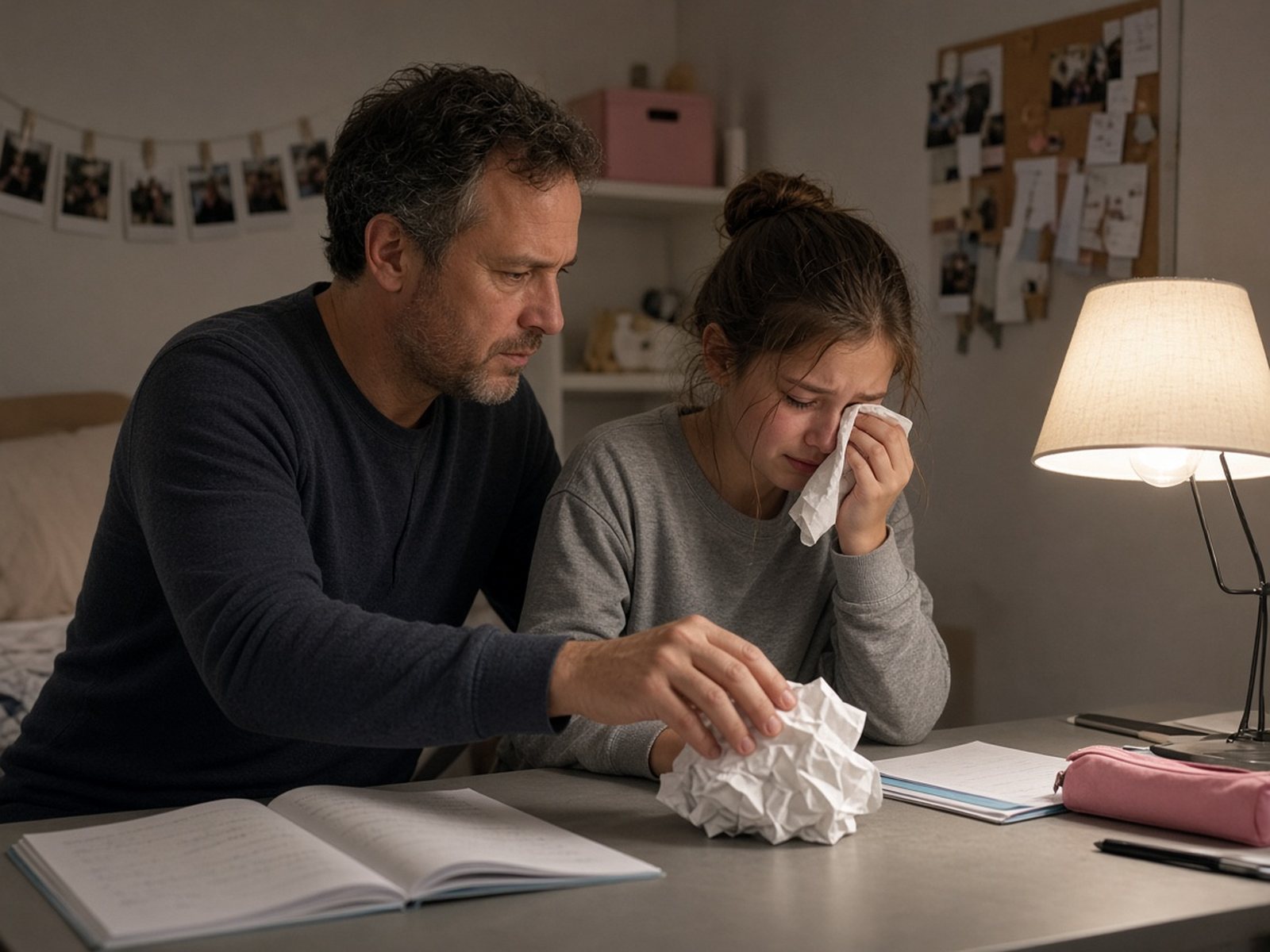 A father sits beside his tween daughter at her desk, gently moving a crumpled draft aside as she wipes away frustrated tears