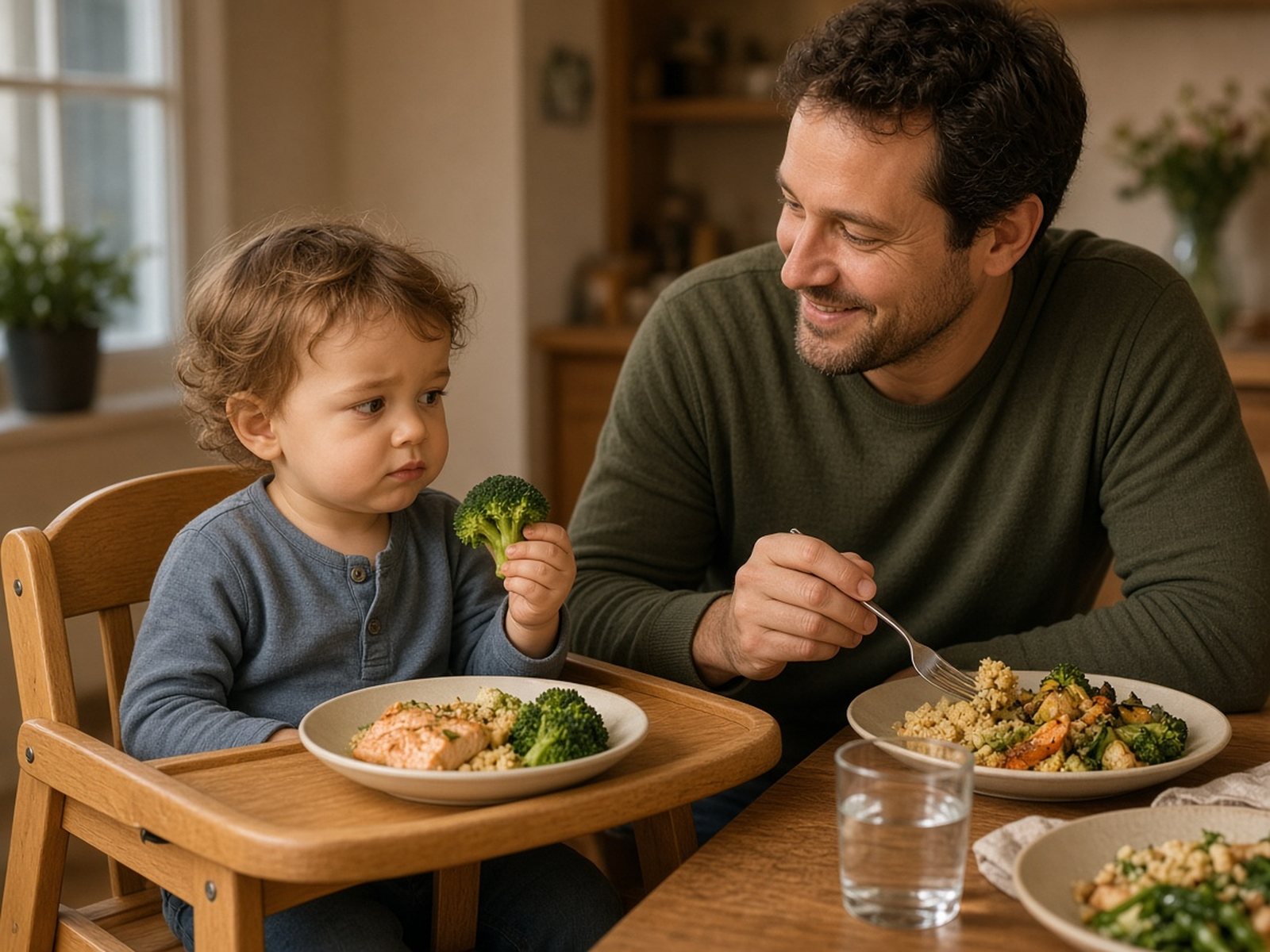 A toddler in a high chair inspects a piece of broccoli while his father eats beside him at the table