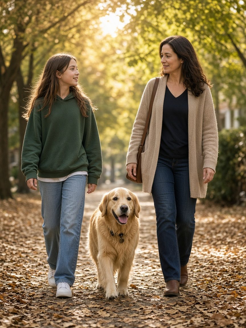 A mother and daughter talk while walking the dog