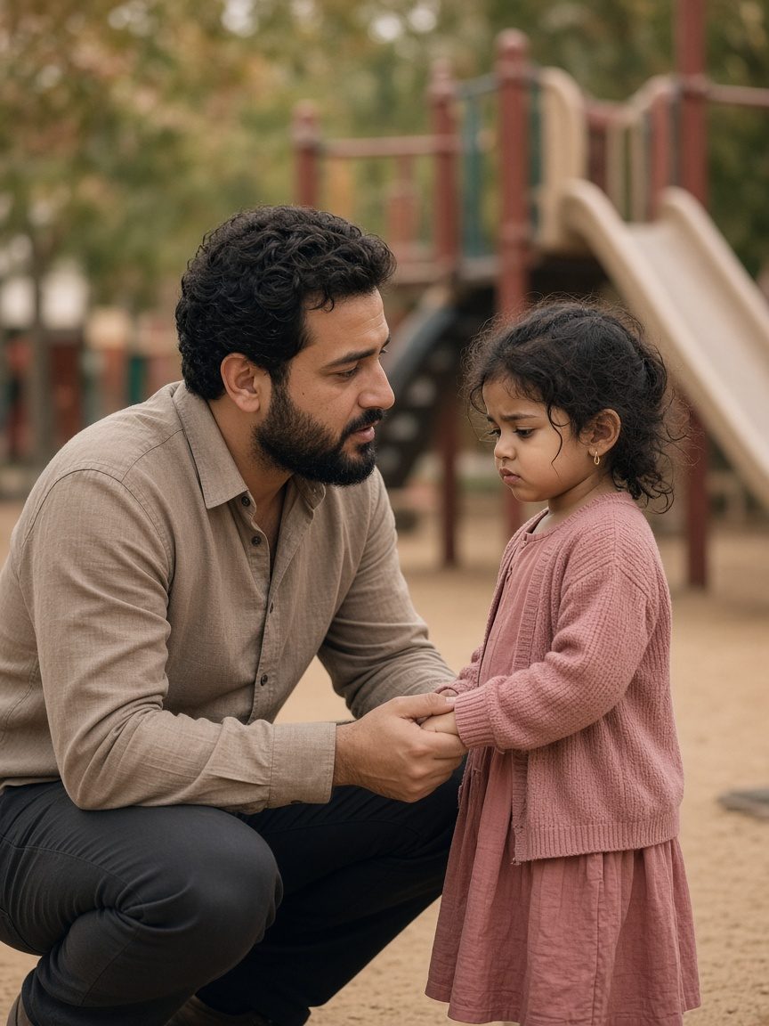 A father kneels to talk with his daughter at the playground