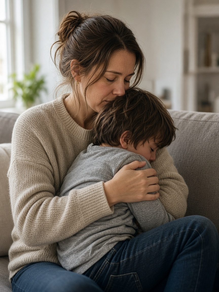 A mother comforts her crying son on the sofa