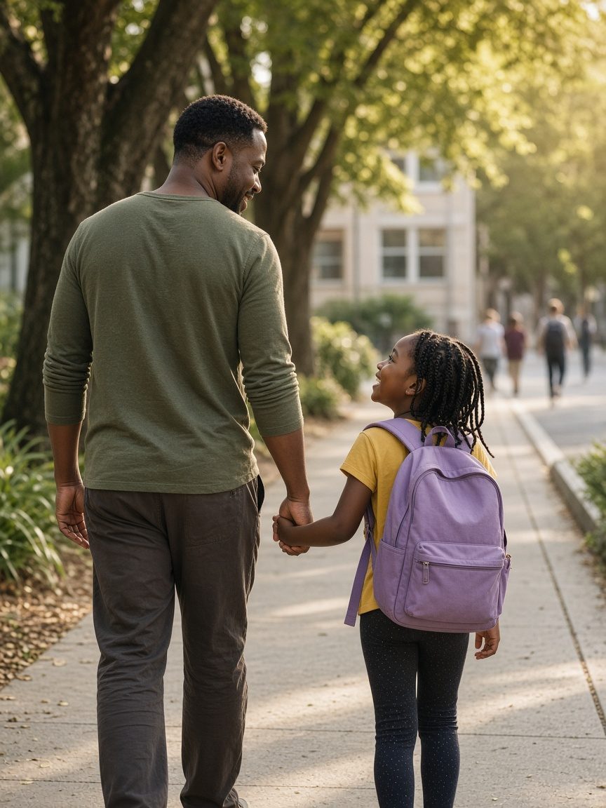 A father and daughter walk hand in hand to school
