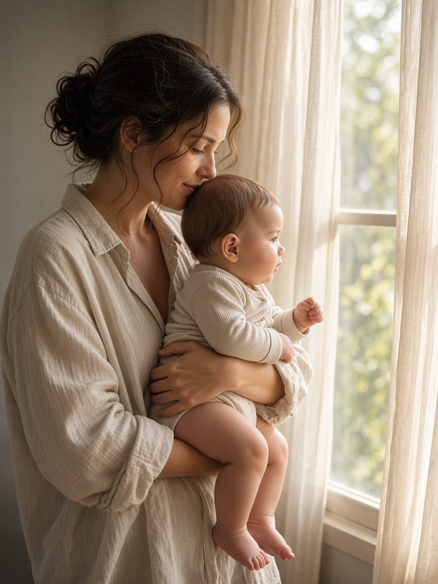 A mother holds her baby at a sunlit window