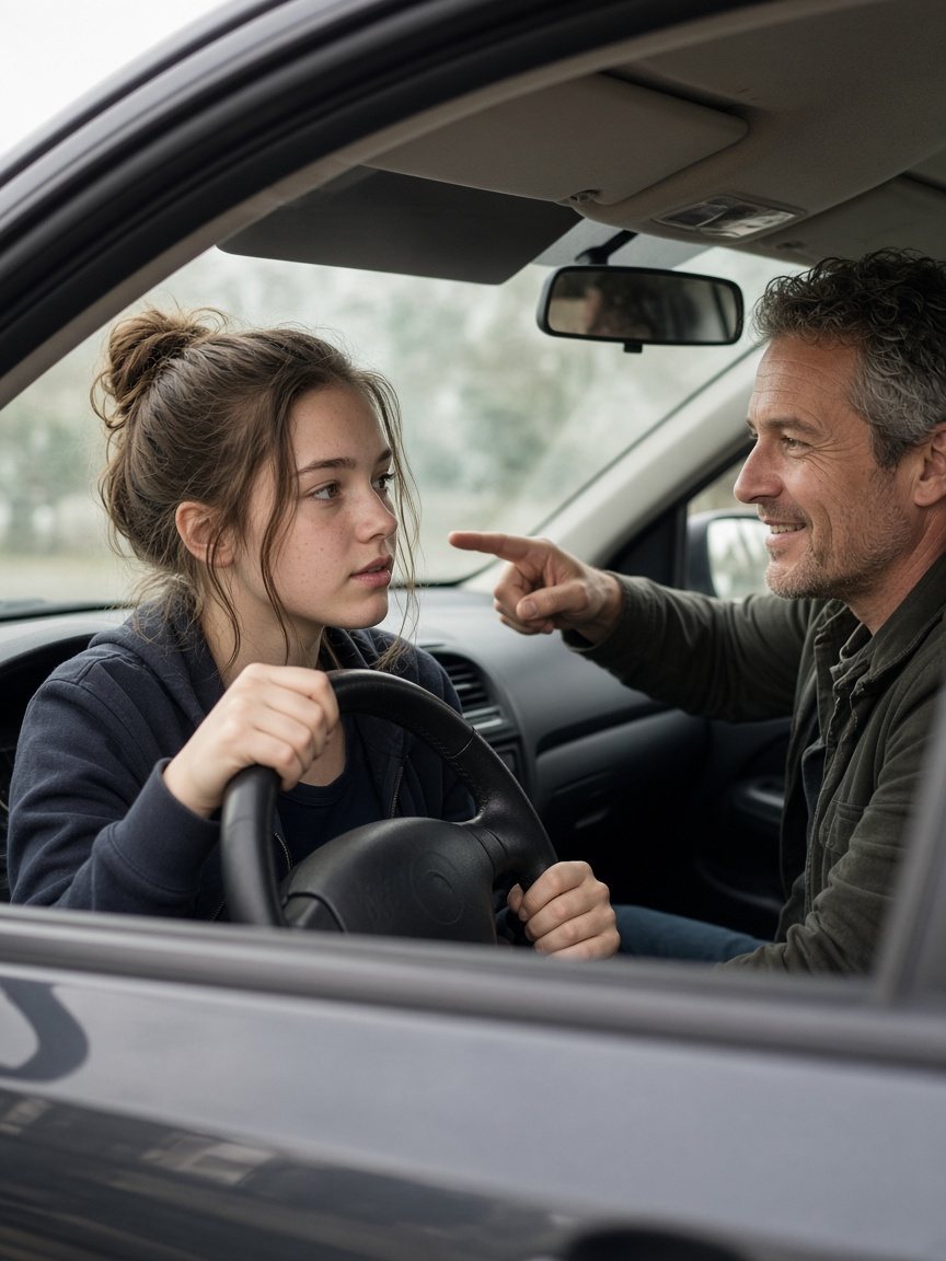 A father coaches his teenage daughter through a driving lesson