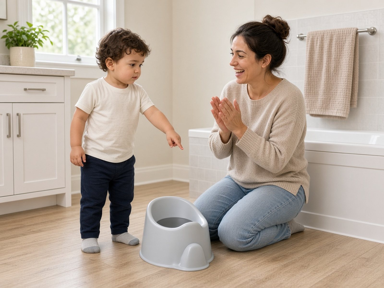 A proud toddler in a T-shirt and pants points at his new potty chair while his mother kneels beside him in a bright bathroom