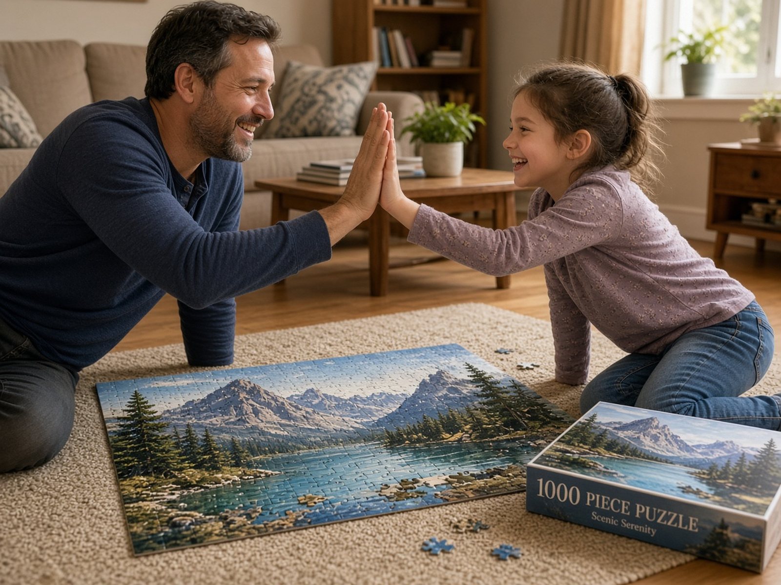 A father high-fives his daughter after she finishes a difficult jigsaw puzzle on the living-room floor