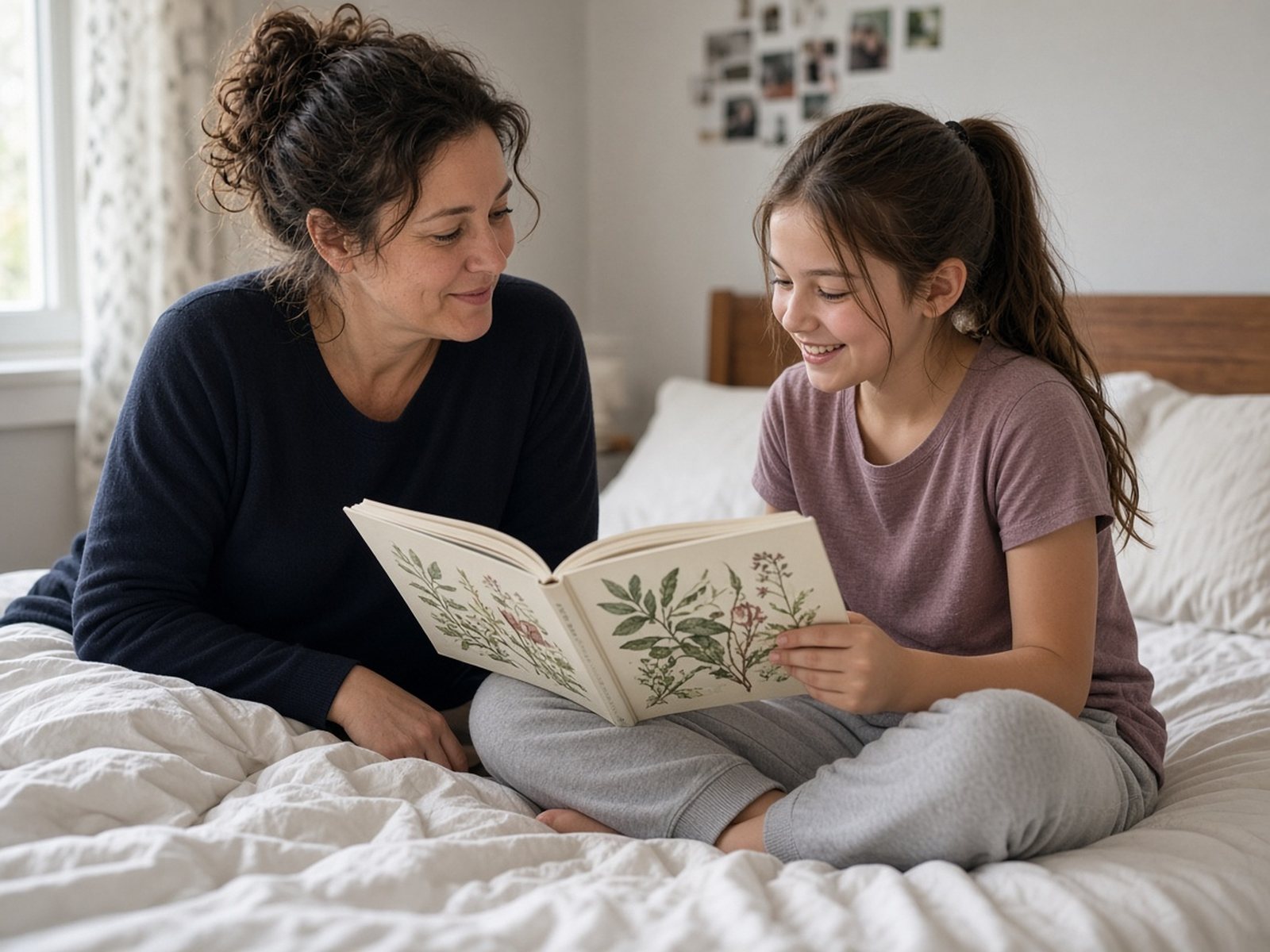 A mother and her tween daughter sit together on a bed paging through a book about growing up