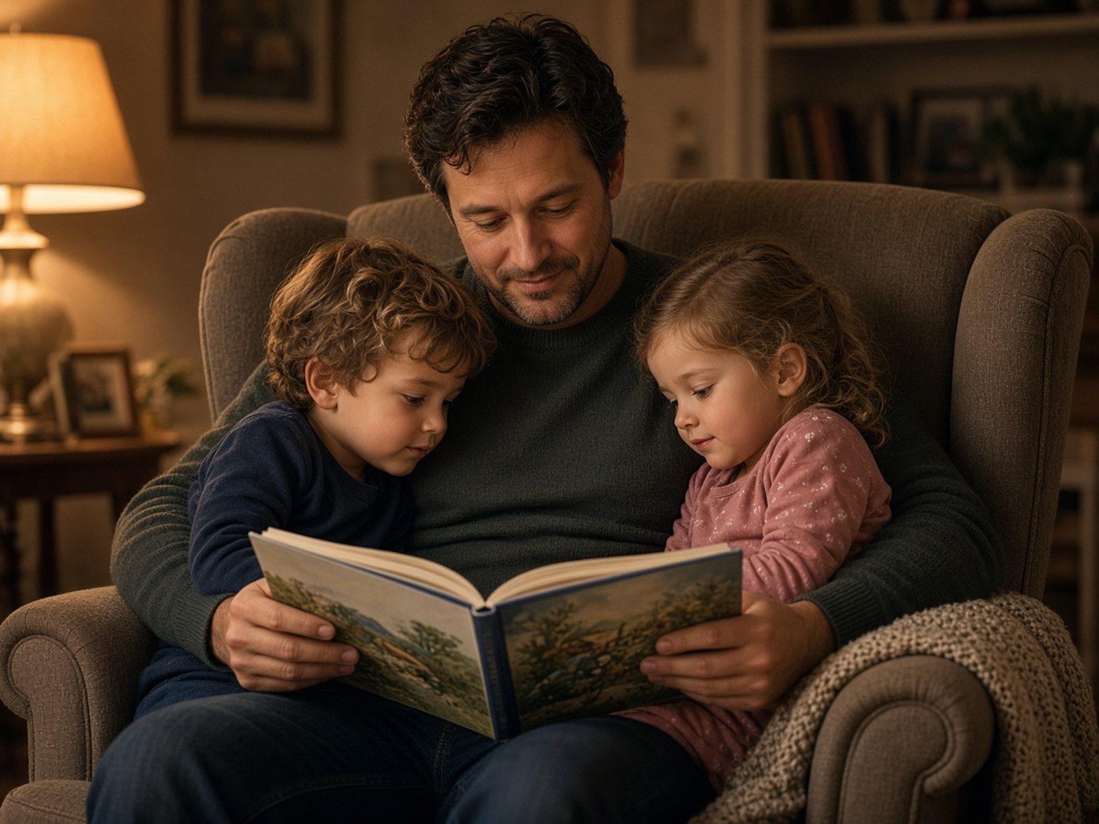 A father reads a picture book to his preschool twins snuggled on either side of him in an armchair