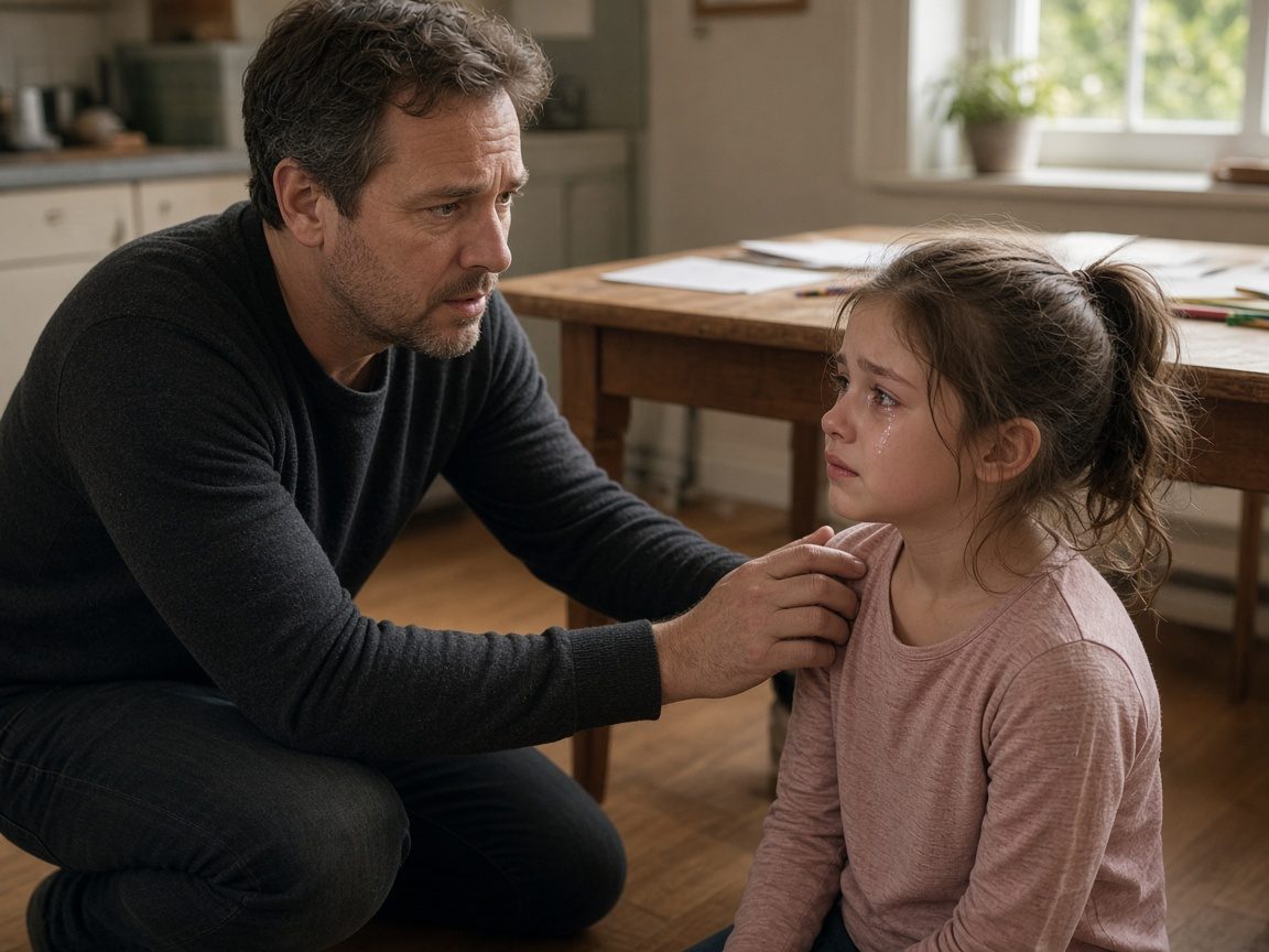 A father kneels to apologize to his tearful daughter in the kitchen