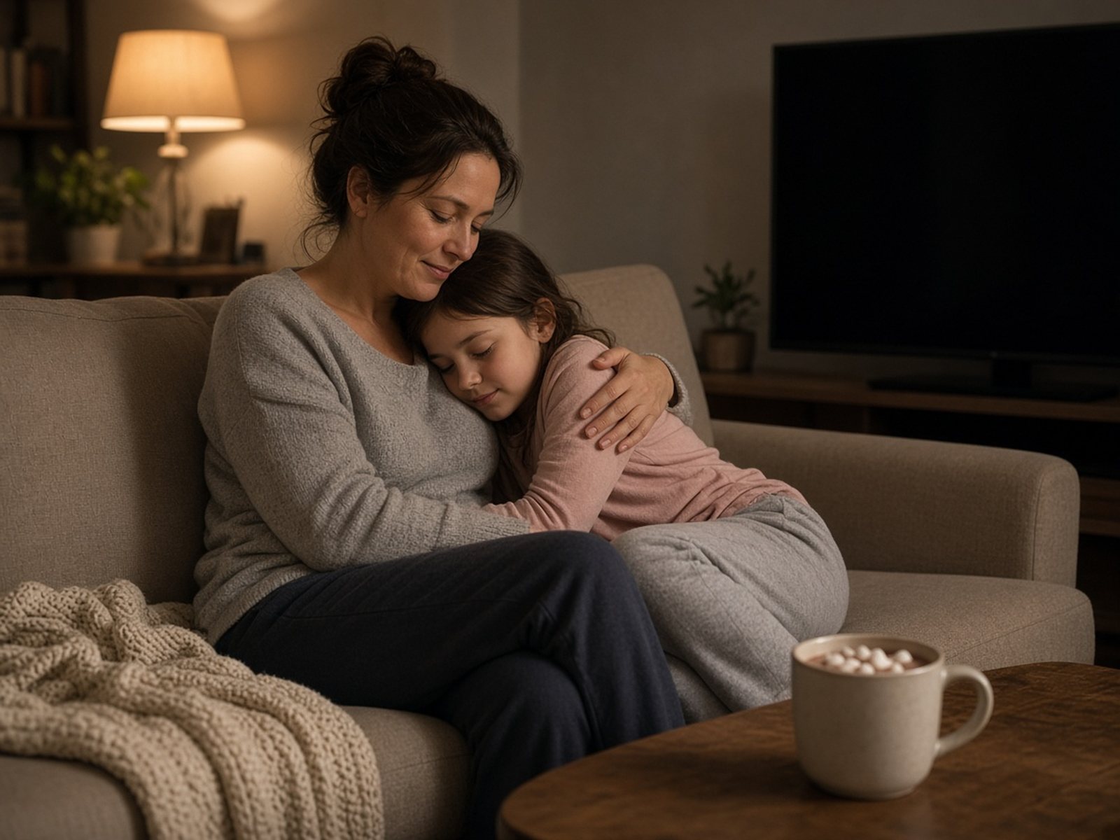 A mother hugs her daughter on a sofa in a lamp-lit living room with the television turned off behind them