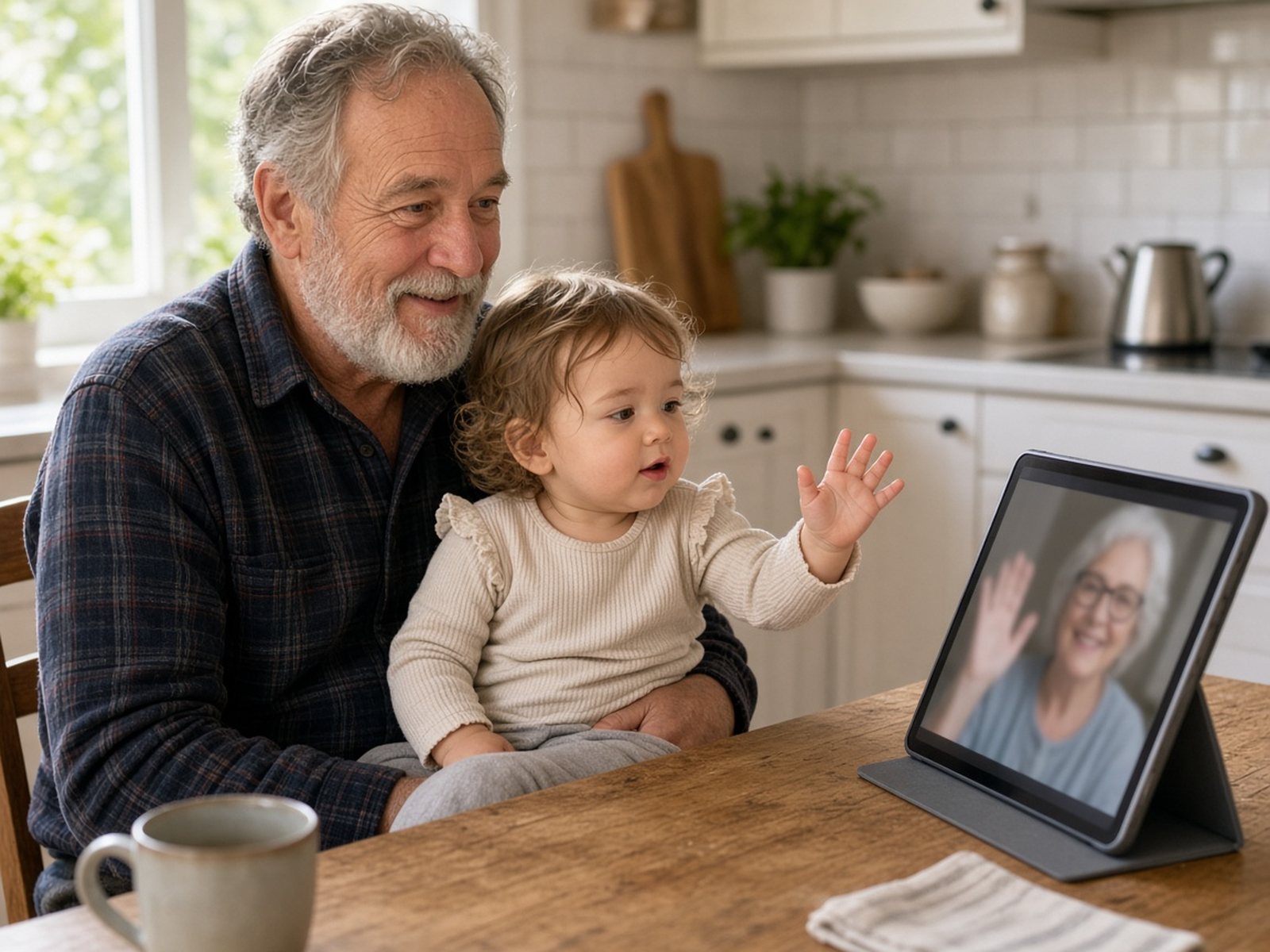 A grandfather and his toddler granddaughter wave at a video call on a tablet propped on the kitchen table